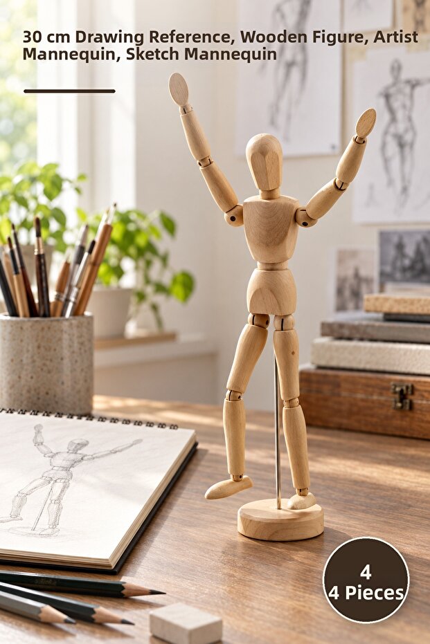 4 Pieces Wooden Sketch Mannequins – 30 cm Drawing Reference, Wooden Figure, Artist Mannequin, Sketch Mannequin