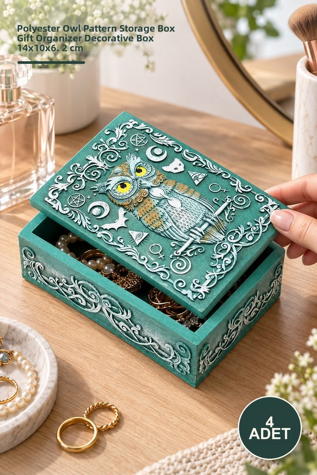 4-Piece Box – Polyester Owl Patterned Storage Box Gift Box Organizer Decorative Box 14X10X6.2 cm