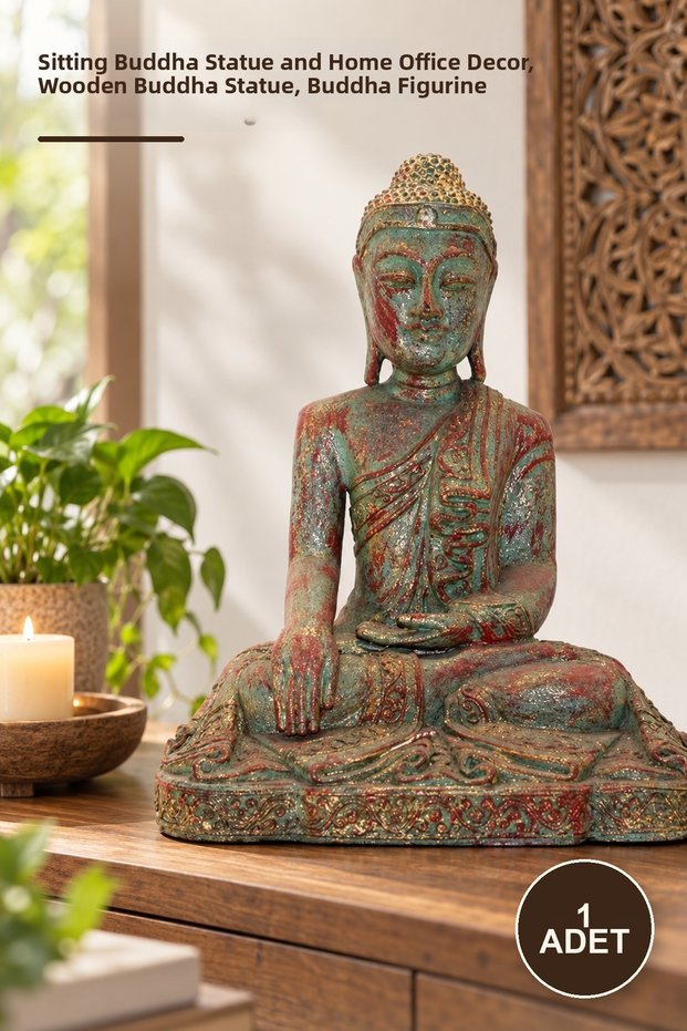 1 Piece Wooden Sitting Buddha Figure – Decorative Statue with Sitting Pose and Home Office Decor, Wooden Buddha Statue, Buddha Figurine