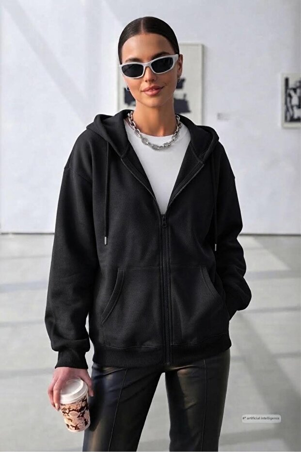 Women's Black Zippered Hooded Cardigan Jacket