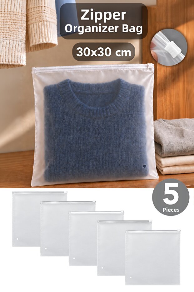 5 Pieces 30X30Cm Zippered Organizer - Lockable Frosted Bag Transparent Organizer for In-Cabinet Storage