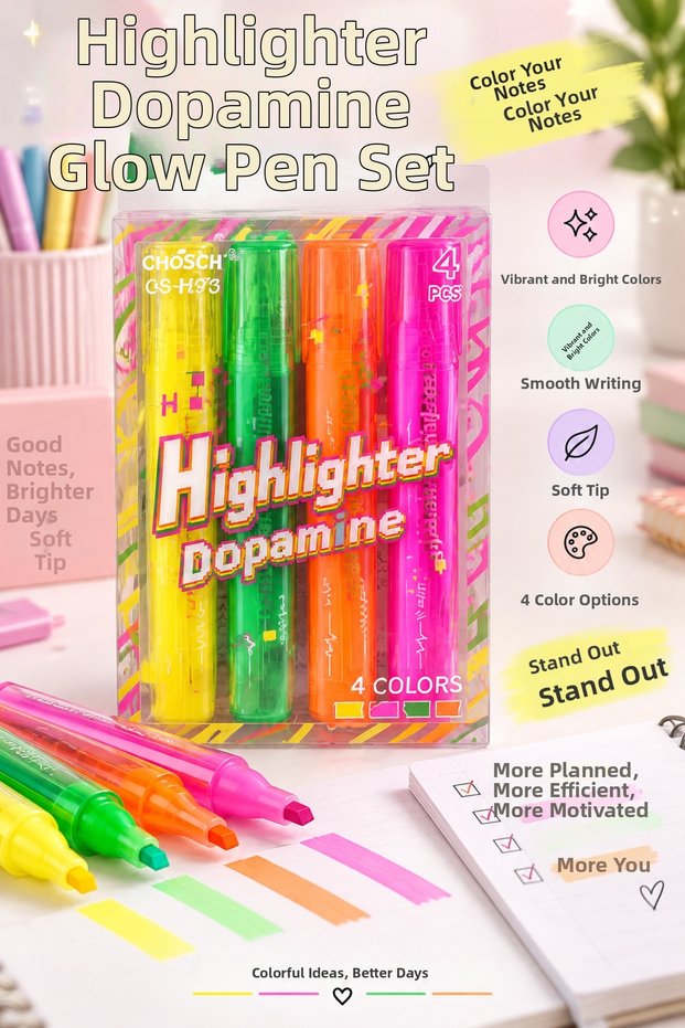 4 Colors Highlighter Pen Set Neon Colored Markers Pens