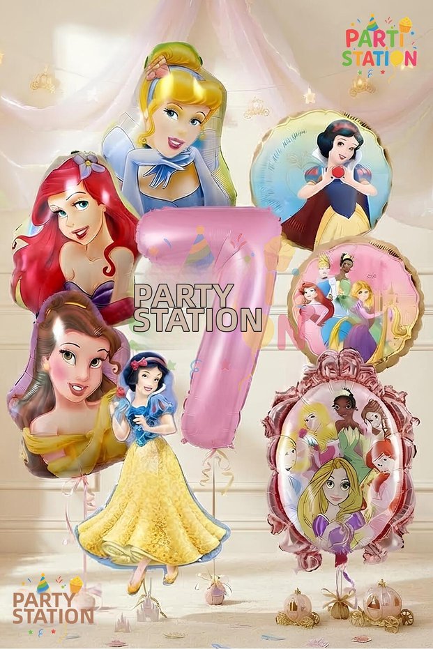 Princesses Concept 7-Year-Old Balloon Set - 8 Pieces Large Size Snow White, Cinderella, Mermaid Ariel, Princess Belle Foil Balloon Set