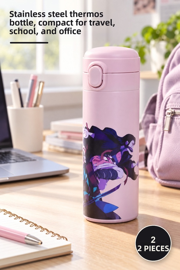 2 pieces anime printed thermos - stainless steel flask, compact thermos bottle for travel, school, office