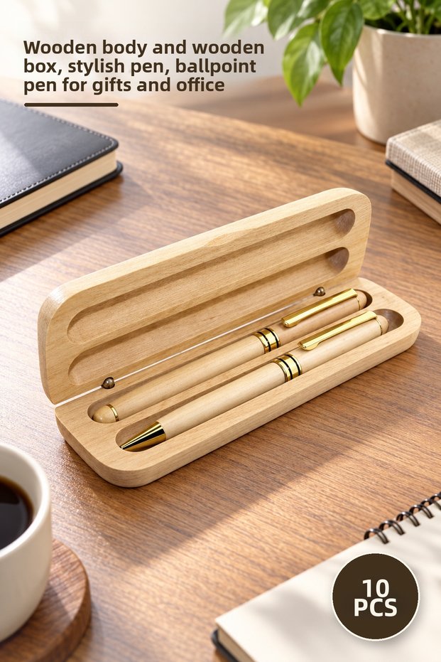 10 Pieces Ballpoint Pens with Wooden Box – Wooden Body and Wooden Box, Stylish Pen for Gifts and Office, Ballpoint Pen