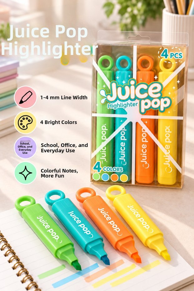 Juice Pop 4-Piece Highlighter Pen Set – 4 Color Scented Highlighters, 1-4 mm