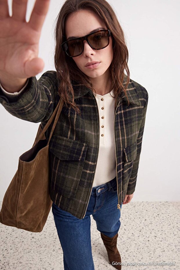 Petite Khaki Oversize Plaid Cashmere Coat Twoaw27Mo00144