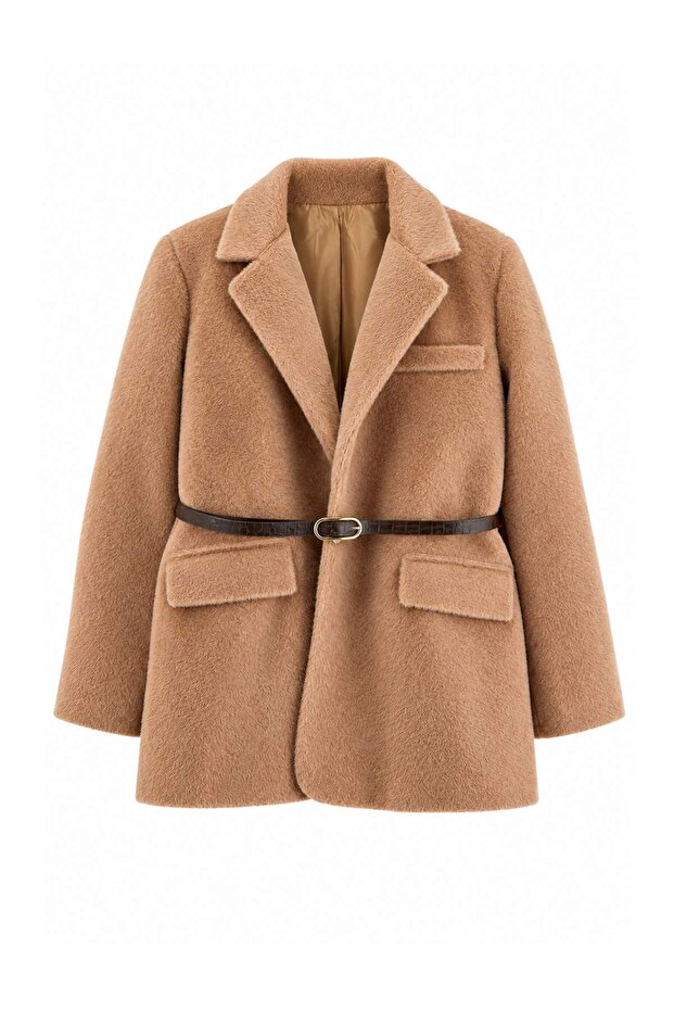 Vizon Kemerli Tüylü Kaşe Regular/Normal Kalıp Blazer Blazer Ceket TBBAW27AG00020