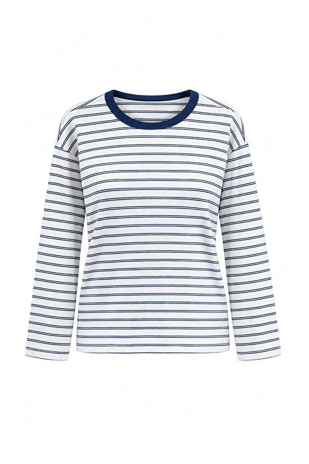 Ecru Navy Blue Striped Premium Oversize/Wide Cut Interlock Knitted T-Shirt Twoaw27Ts00027