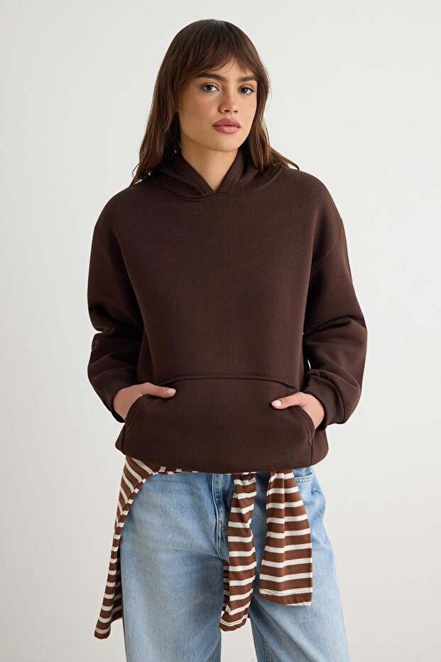 Kahverengi Kalın İçi Polarlı Slogan Standart Kalıp Kapüşonlu Örme Sweatshirt TWOSS26SW00008