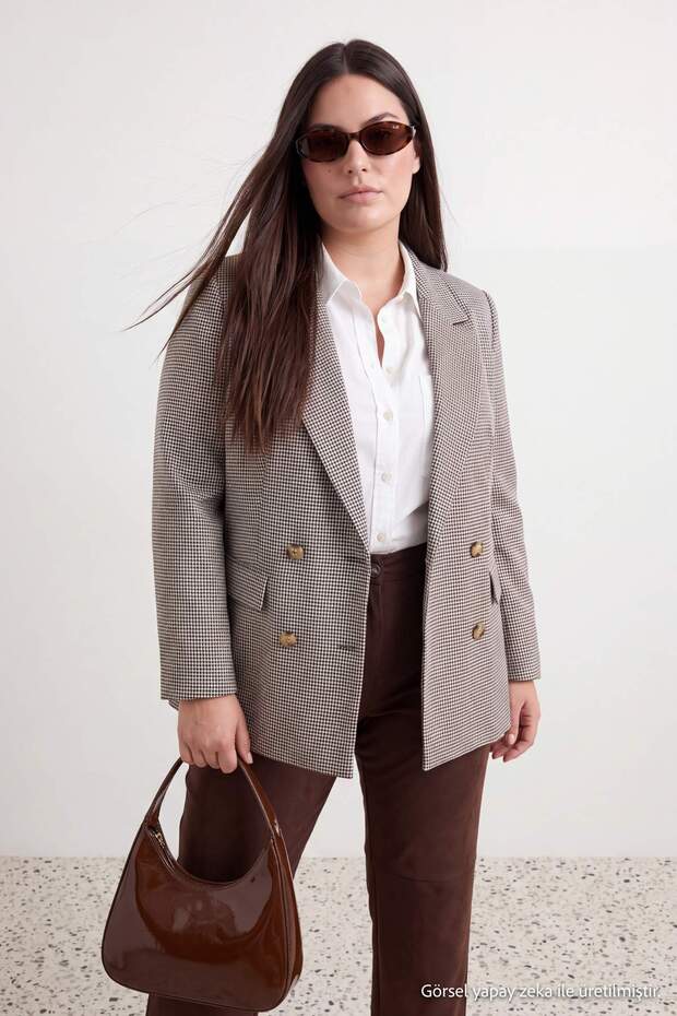 Brown Houndstooth Pattern Woven Oversized Blazer Jacket Tbbaw27Ag00015