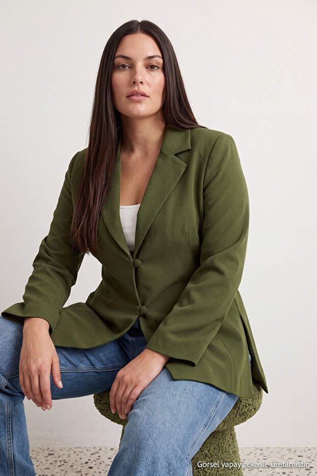 Haki Arkası Bağlama Detaylı Fitted/Bele Oturan Dokuma Blazer Ceket TBBAW27AG00012