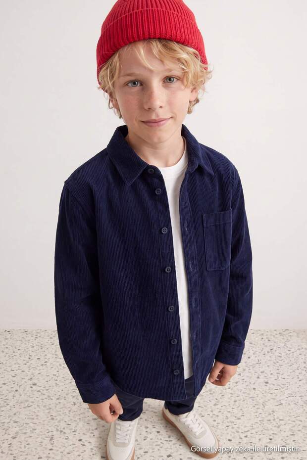 Lacivert Erkek Çocuk Uzun Kollu Kadife Gömlek TKDAW27GO00005