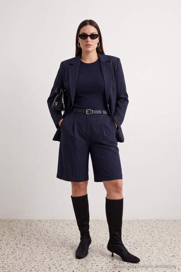 Navy Blue Striped Belted Woven Plus Size Shorts & Bermuda Tbbaw27Ap00004