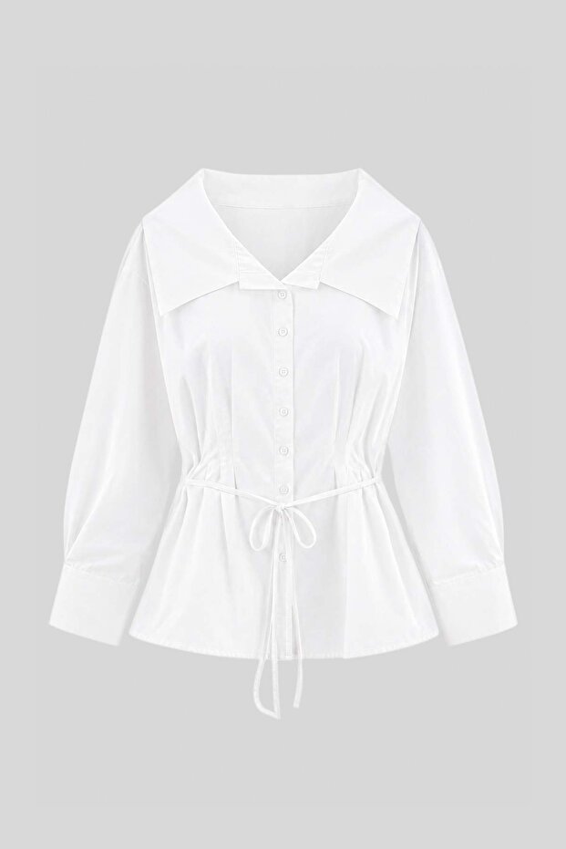 White Wide Collar Lace-Up Stylish Woven Oversize Shirt Tbbaw27Ax00030