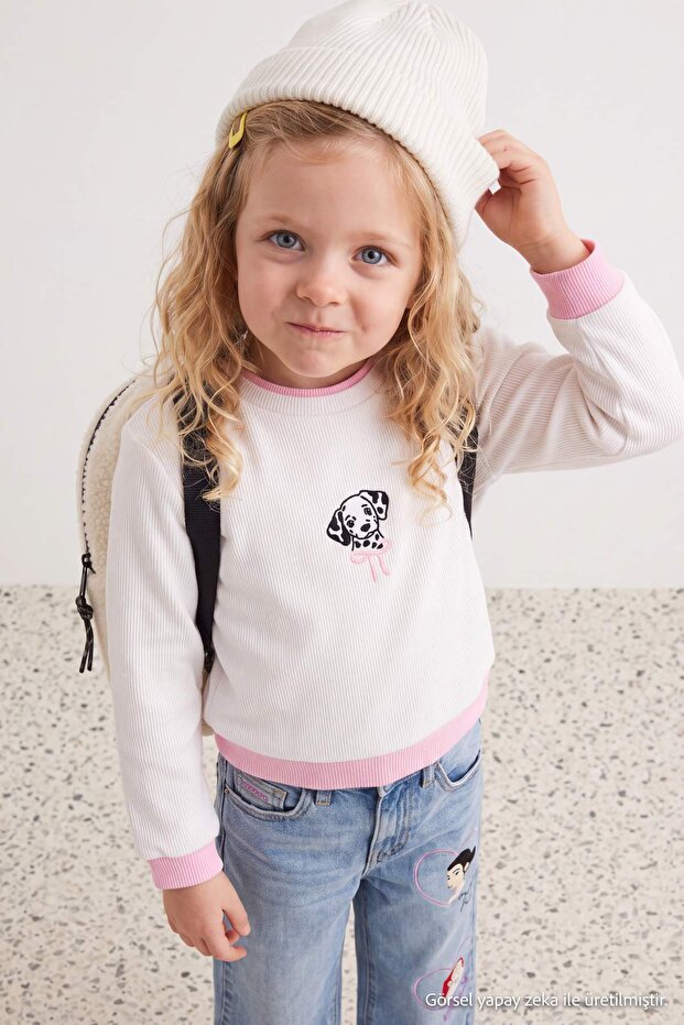 Ecru Ribbed Flexible Cotton Girls' Printed Knitted T-Shirt Tkdaw27Ts00022