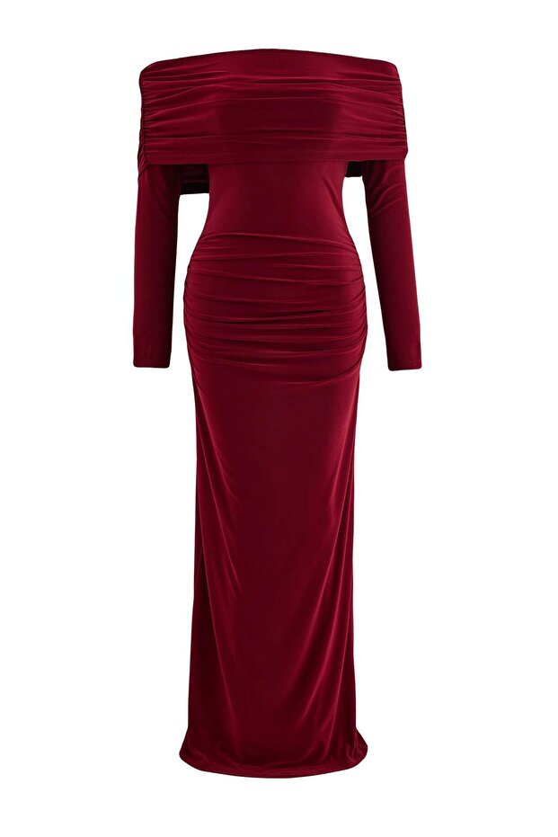 Bordo Büzgülü Carmen Yaka Esnek Maxi Örme Elbise TWOAW26EL00112