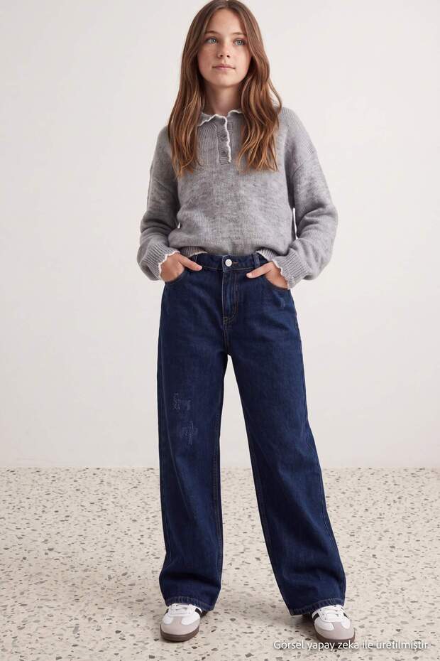 Indigo Flexible Fabric Wide Leg Jeans for Girls Tkdaw27Je00011
