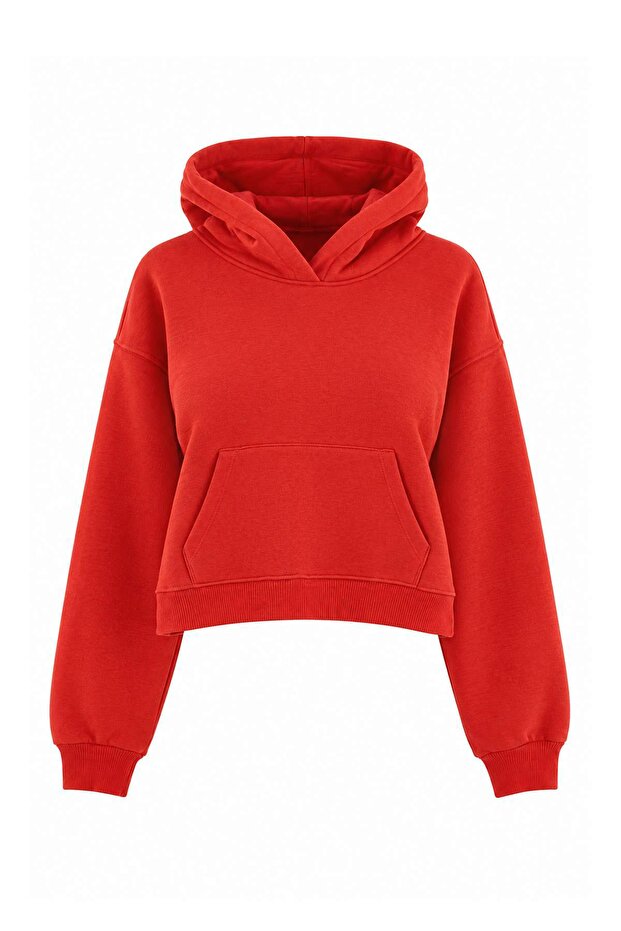 Wardrobe Essentials Red Thick Fleece Lined Hooded Oversize Crop Knitted Sweatshirt Twoaw27Sw00141