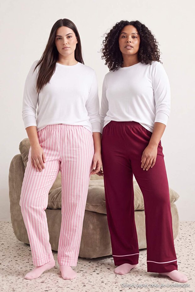 Çok Renkli Çizgili/Bordo 2'li Paket Büyük Beden Pijama Altı TBBAW27IA00009
