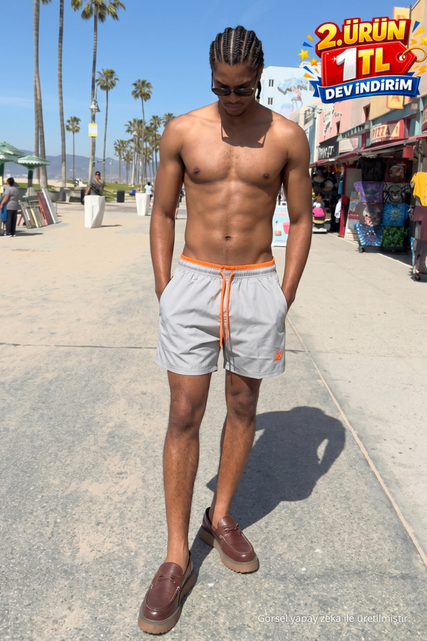 Men's Lined Comfortable Zipper Pocket Gray Swim Shorts