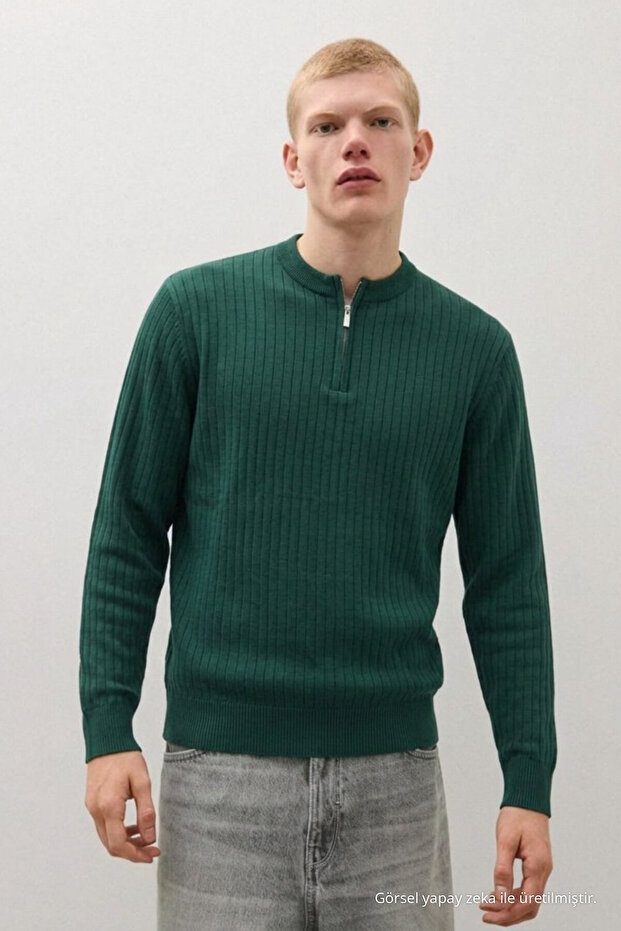 Men's Striped Long Loose Zippered Green Knit Sweater