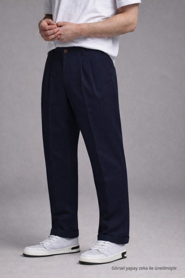Men's Casual Regular Classic Navy Blue Fabric Trousers
