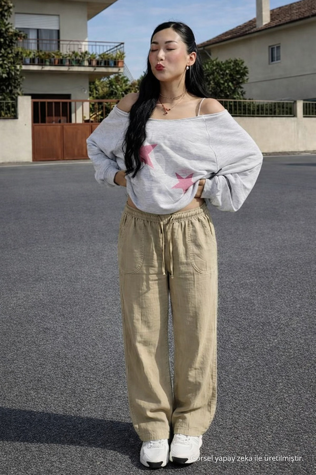 Women's Elastic Waist Wide Leg Beige Linen Trousers