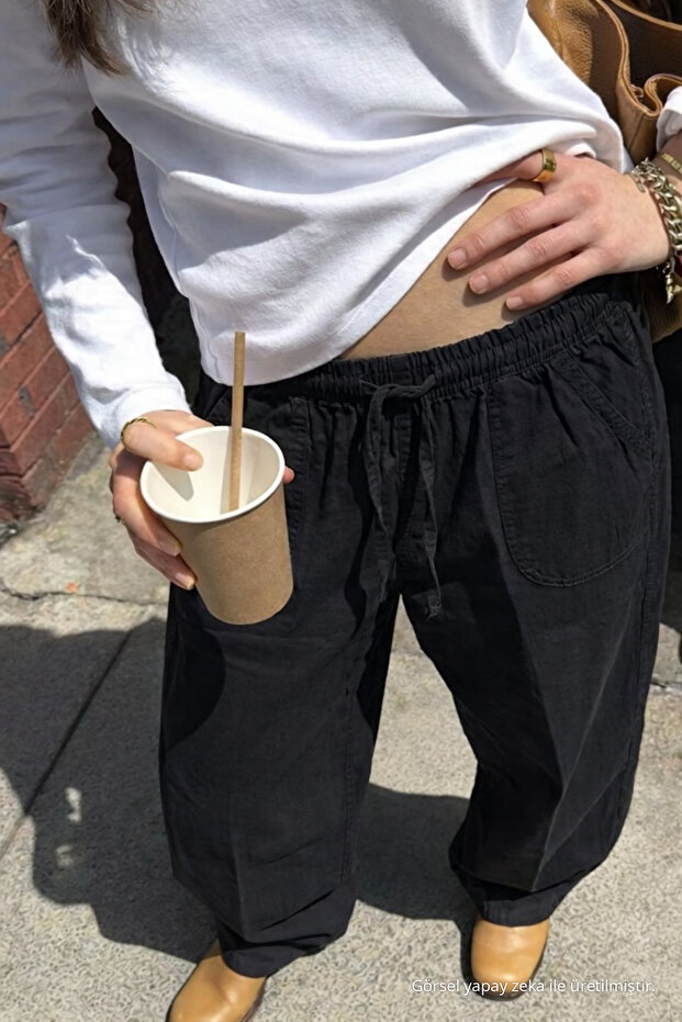Women's Relax Fit Summer Loose Black Linen Trousers