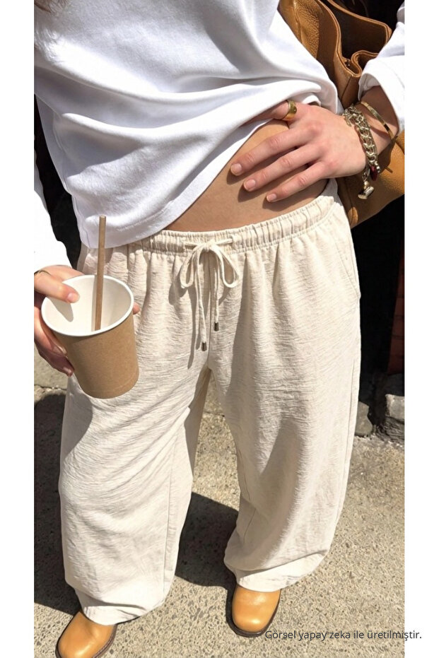 Women's Textured Ecru Palazzo Linen Trousers with Elastic Waist