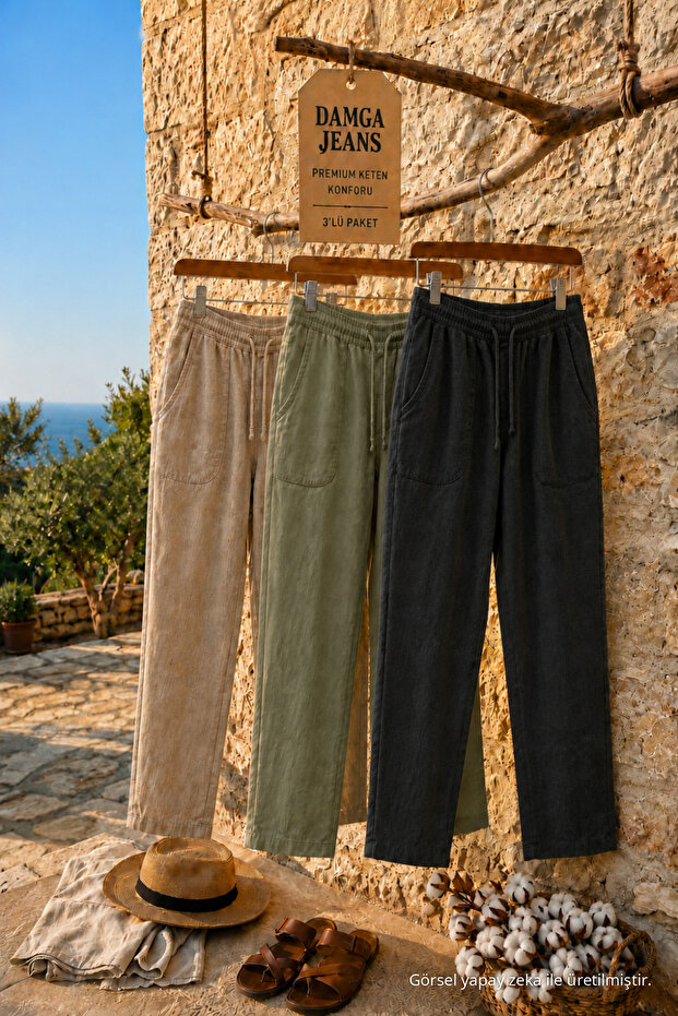 3 Pieces Men's Casual Summer Jogger Linen Trousers