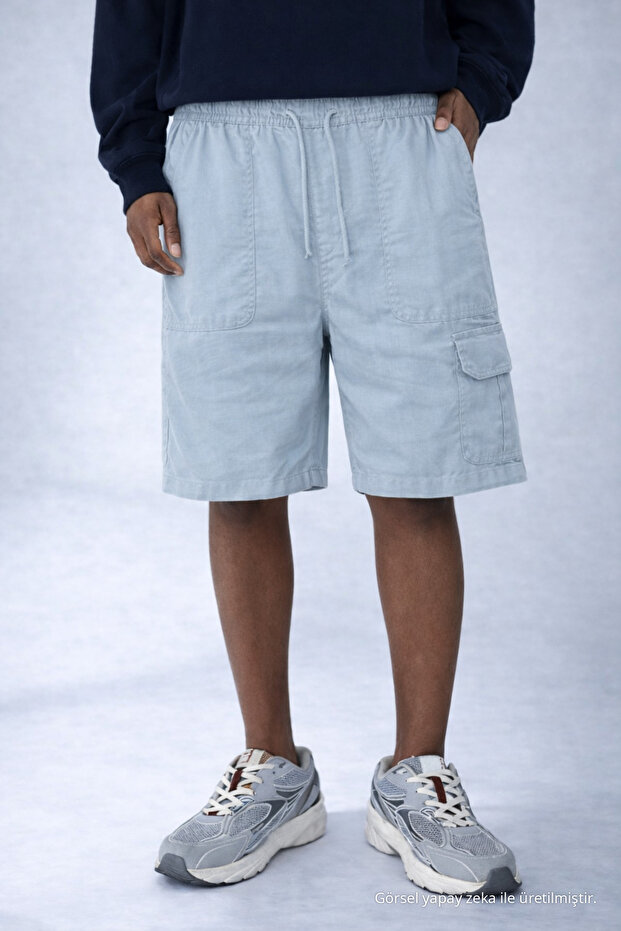 Men's Casual Summer Cargo Pocket A.Blue Linen Shorts