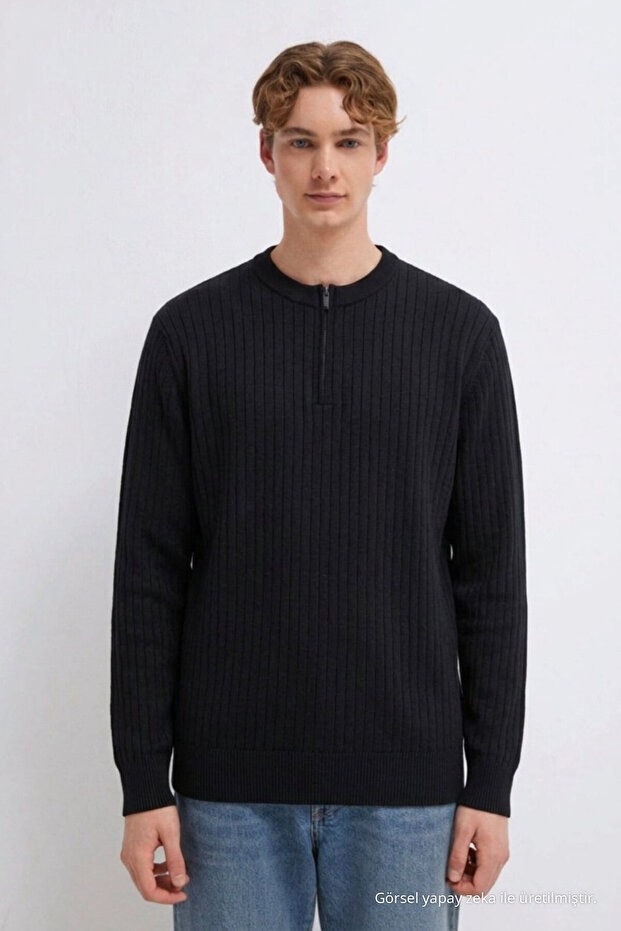 Men's Striped Zippered Black Knitwear Winter Sweater