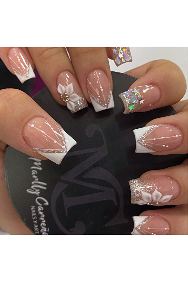 Beige 24PCS Square Press Nail White French Pointed Fake Nail with Flash Design, Fully Covered Acryli
