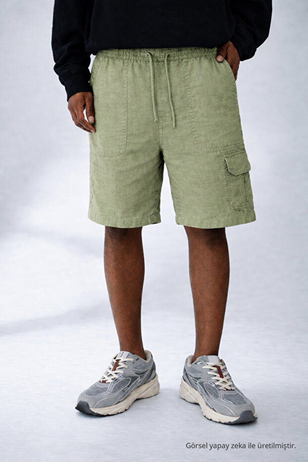 Men's Casual Summer Green Linen Shorts with Cargo Pockets