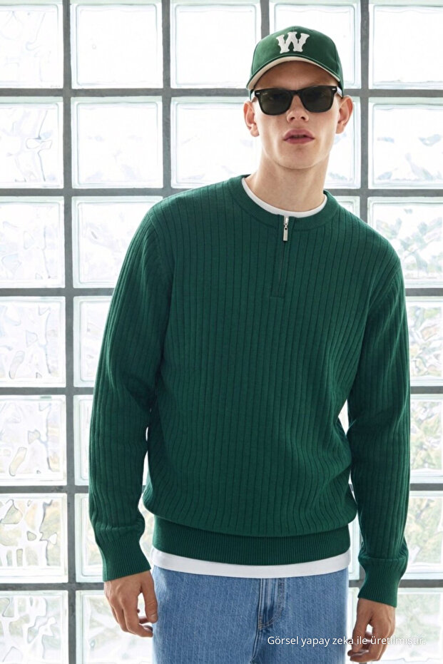 Men's Trendy Striped Zippered Green Knit Sweater