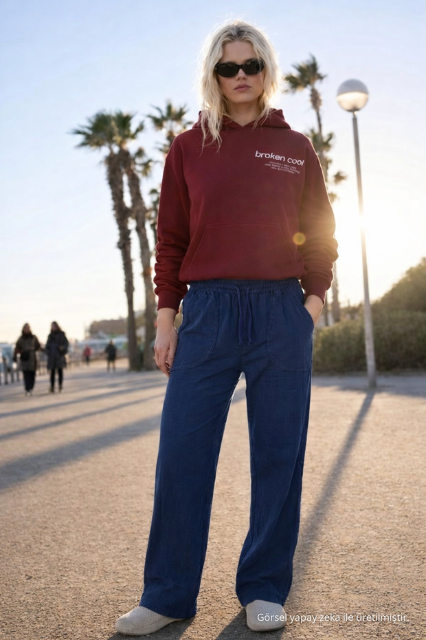 Women's High Waist Elastic Navy Blue Linen Trousers