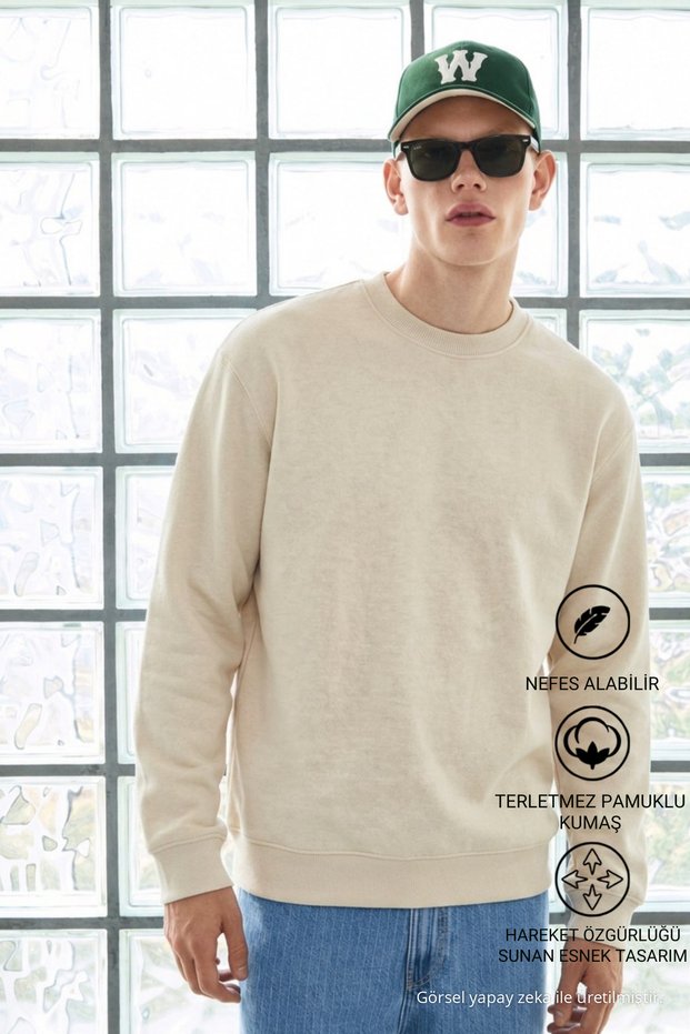 Men's Trend Crew Neck Beige Knitwear Sweater