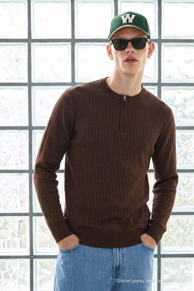 Men's Trendy Striped Zippered Brown Knit Sweater