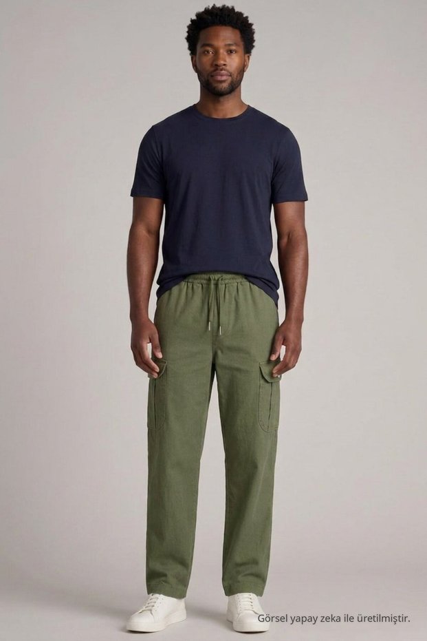 Men's Classic Khaki Cargo Linen Trousers