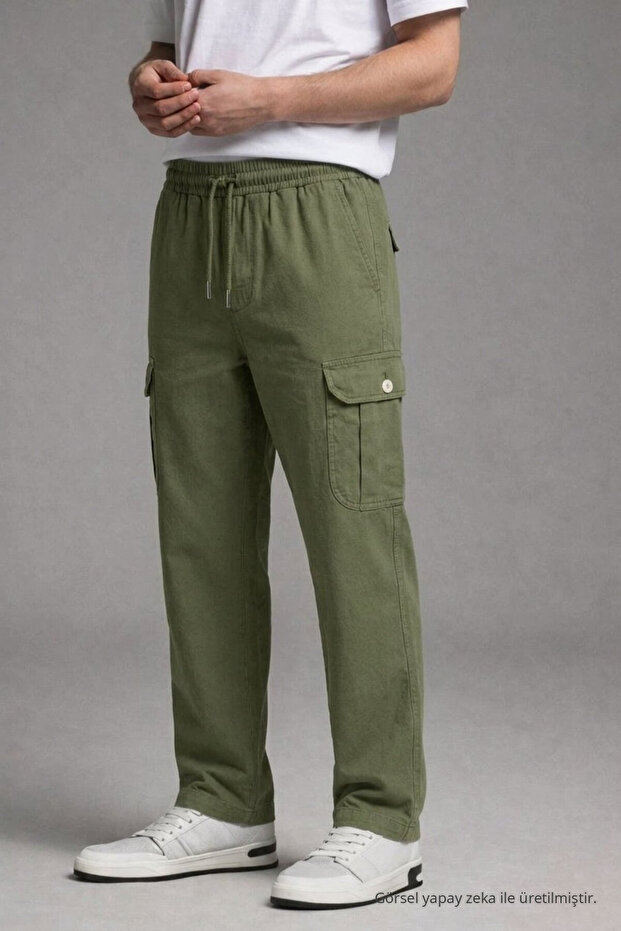 Men's Khaki Cargo Linen Trousers with Elastic Waist