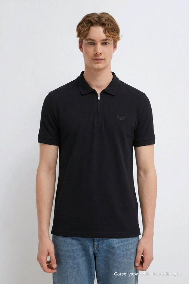 Men's Embroidered Zippered Black Polo Collar T-Shirt