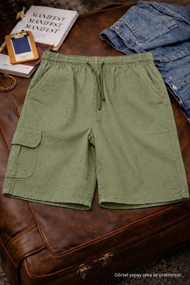 Men's Stylish Trendy Green Linen Shorts with Loose Cargo Pockets