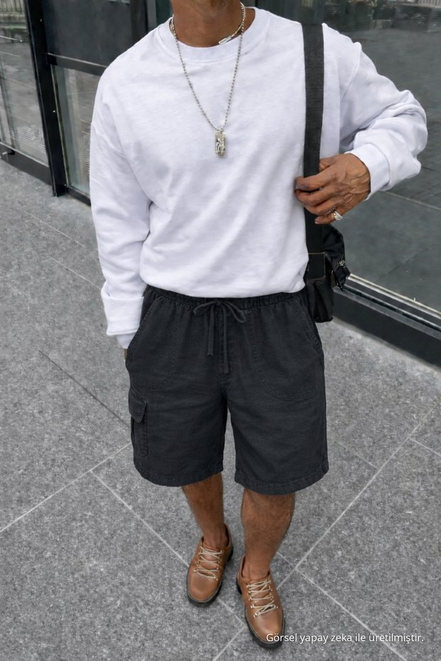 Men's Summer Cargo Pocket Regular Black Linen Shorts