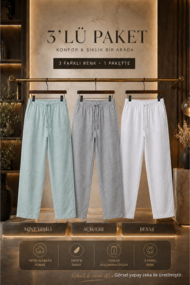 3 Pieces Men's High Waist Elastic Summer Linen Trousers