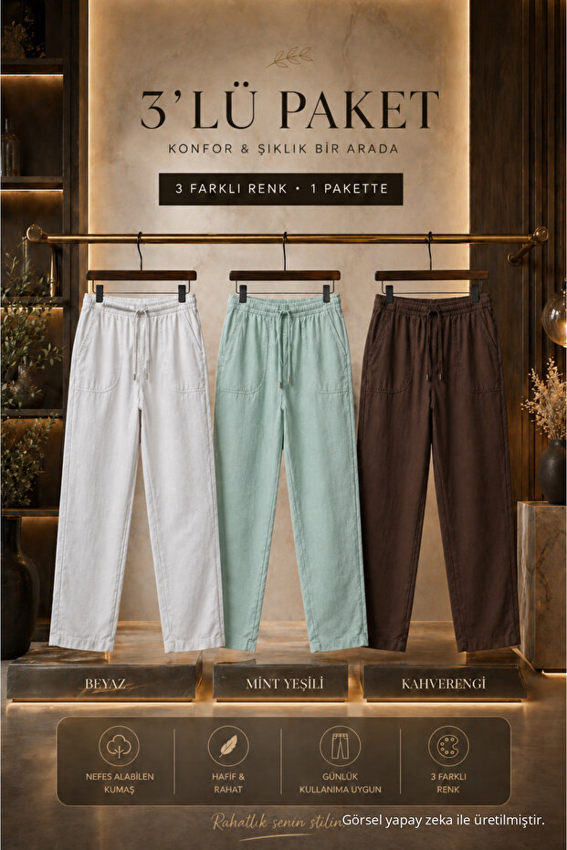 3 Pieces Men's High Waist Elastic Summer Linen Trousers