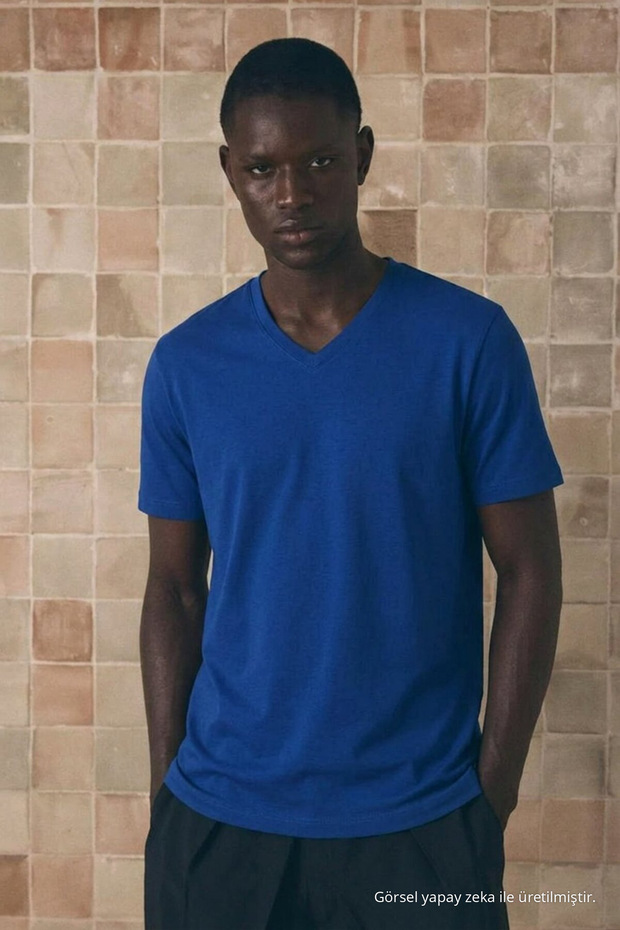 Men's Cotton Flexible Blue V-Neck T-Shirt