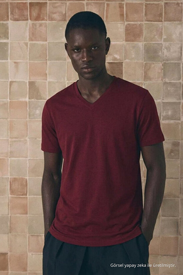 Men's Cotton Flexible Claret Red V-Neck T-Shirt
