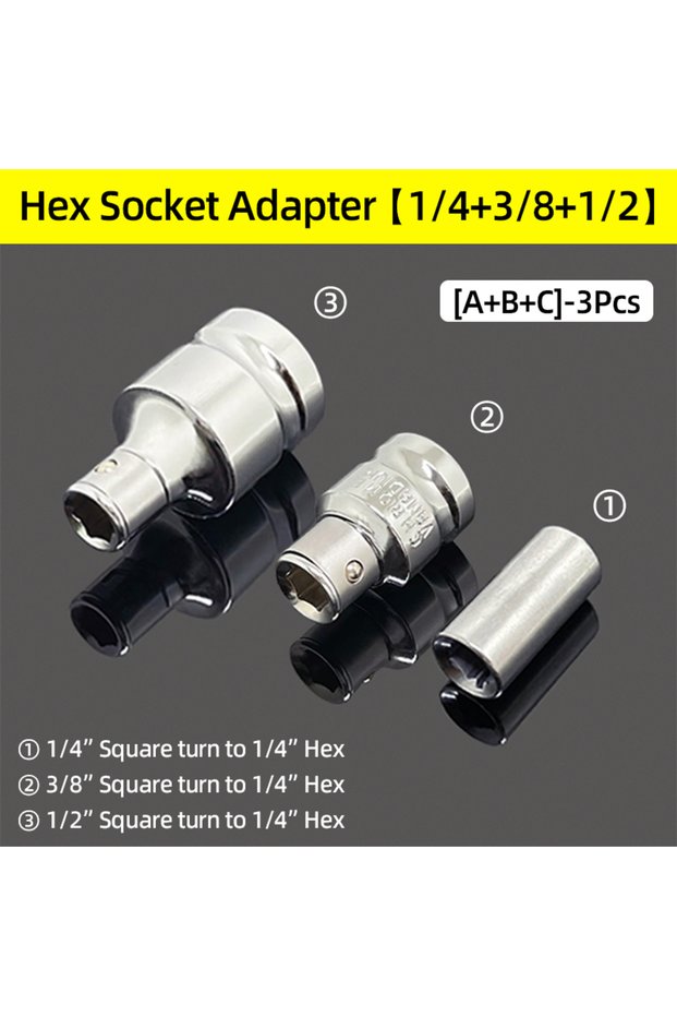A-B-C 3Pcs 1/4" 3/8” 1/2” Square Drive To 1/4" Hex Shank Socket Adapter Converter Quick Change Bits