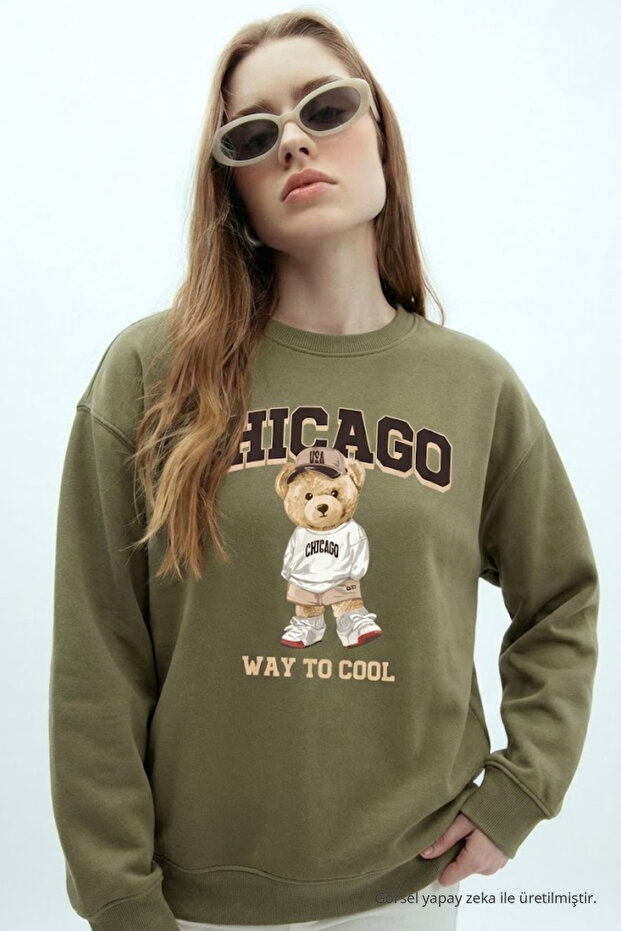 Women's Chicago Printed Khaki Loose Sweatshirt